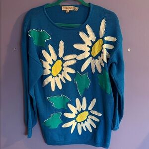 Vintage L’EAU VIVE Blue Daisy Appliqué & pearl Flower Power  Crewneck Sweater